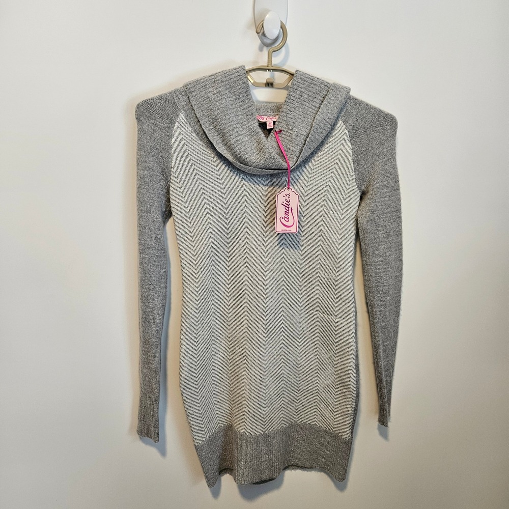 NEW Candies Sweater Dress Cowl Neck Medium Knit Gray Fall Chevron Long Sleeve